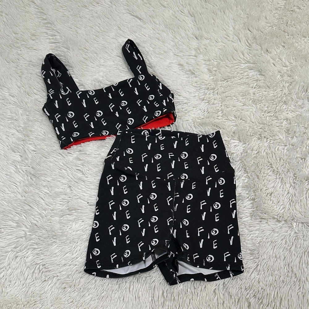 Kids Black Graphic Matching Set - Crop Tank & Shorts